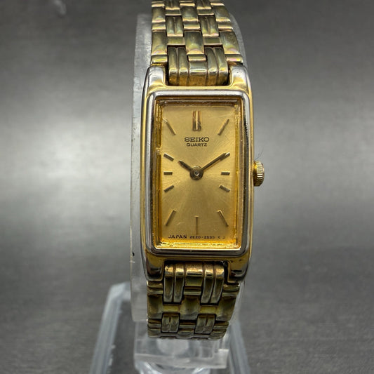 Seiko Tank Watch Women 13mm Champagne Dial Gold Tone VTG 2E20-7029 New Battery0