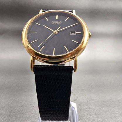 Seiko Watch Men 34mm Black Dial Gold Tone Date Round 7N22-8A09 New Battery VTG5