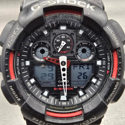 Casio G-Shock GA-100 Watch Men 51mm Black Red Chronograph Alarm New Battery P1