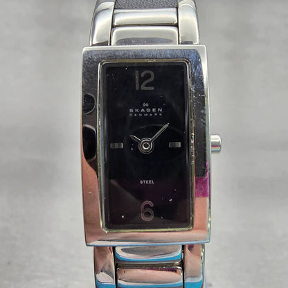 Skagen Watch Women 16mm Black Dial Silver Tone Rectangle 299SSXB New Battery0