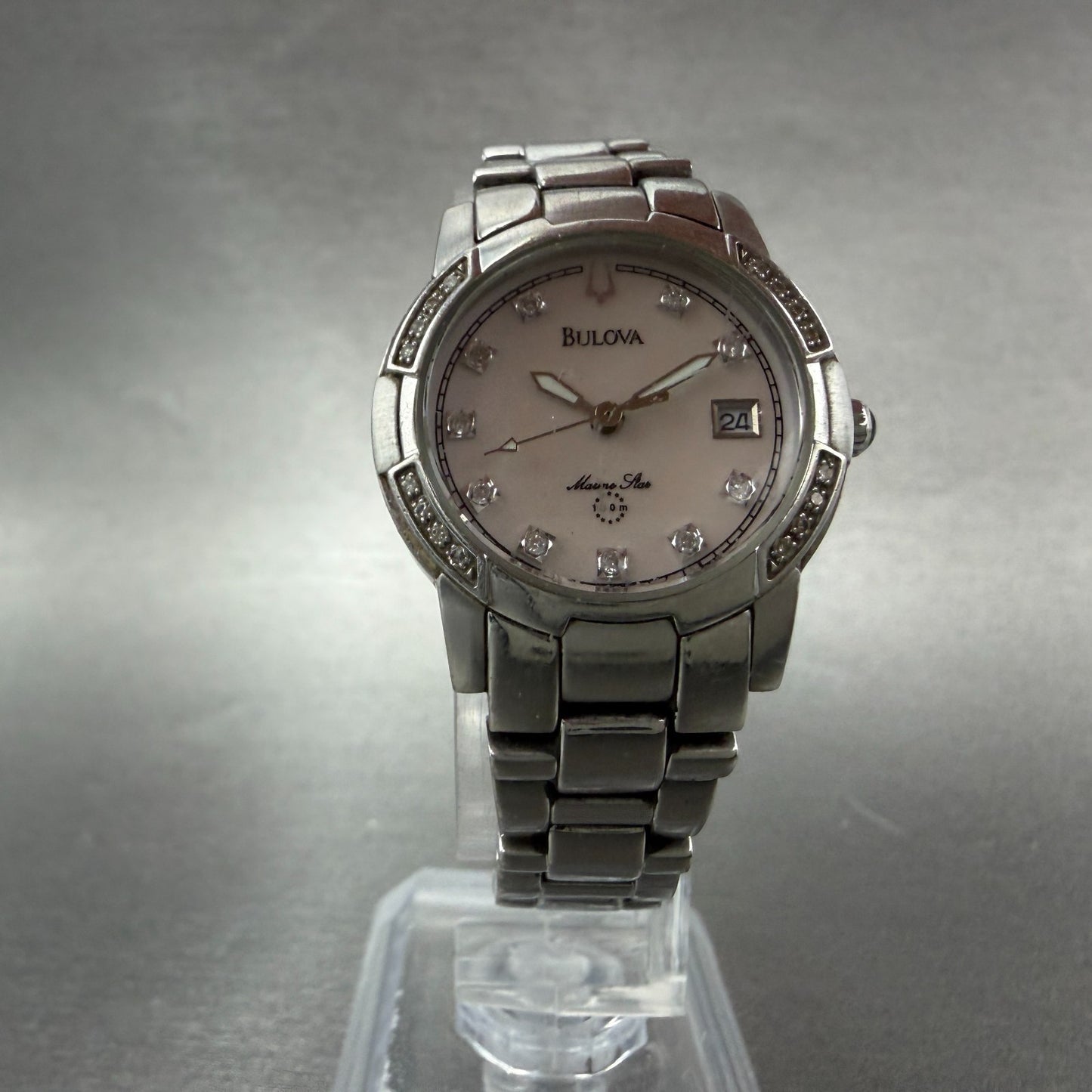 Bulova Marine Star Watch Women 27mm MOP Dial Steel Date Round 96R41 New Battery5