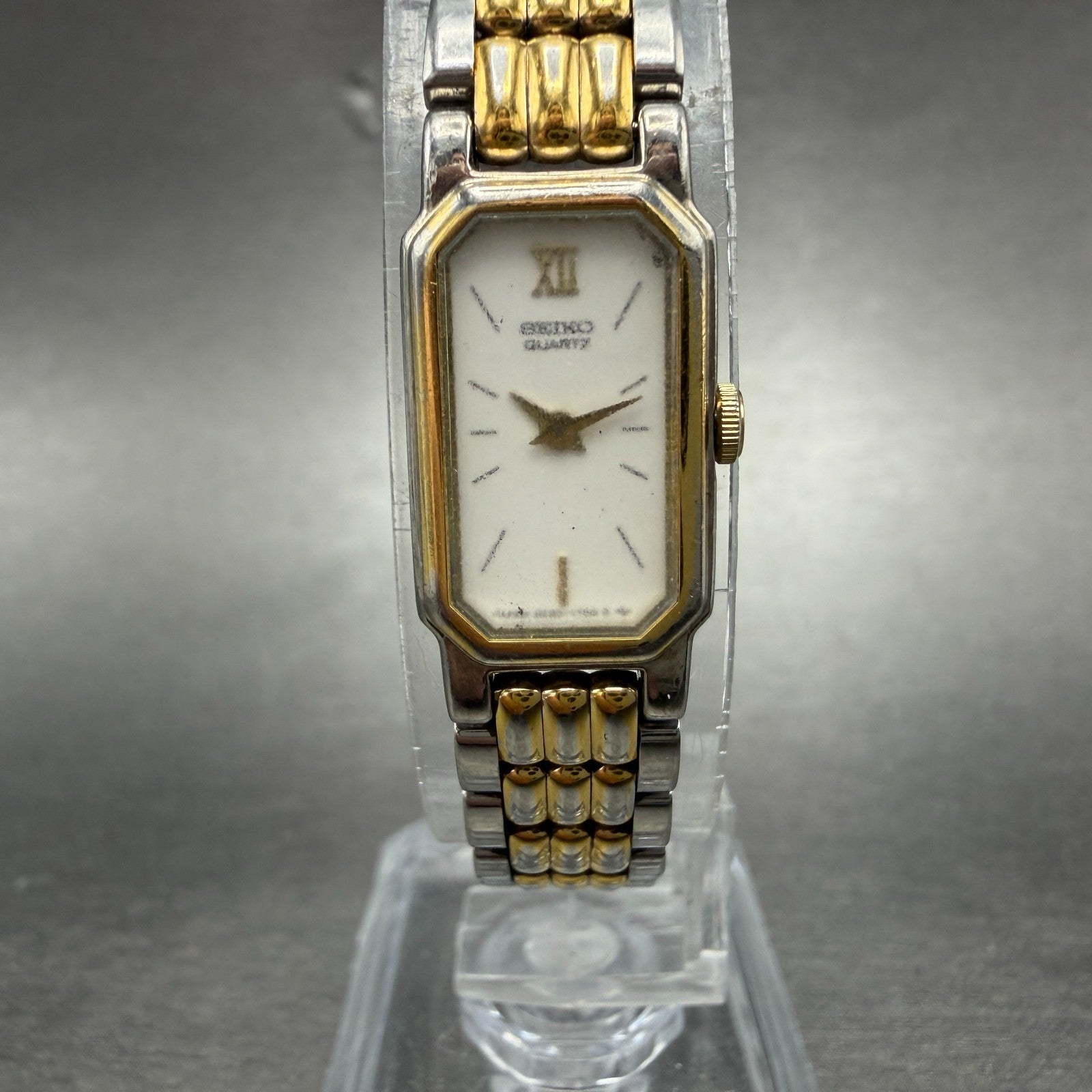 Seiko Tank Watch Women 12mm White Dial Two Tone 2e20-6389 Rectangle New BatteryK0