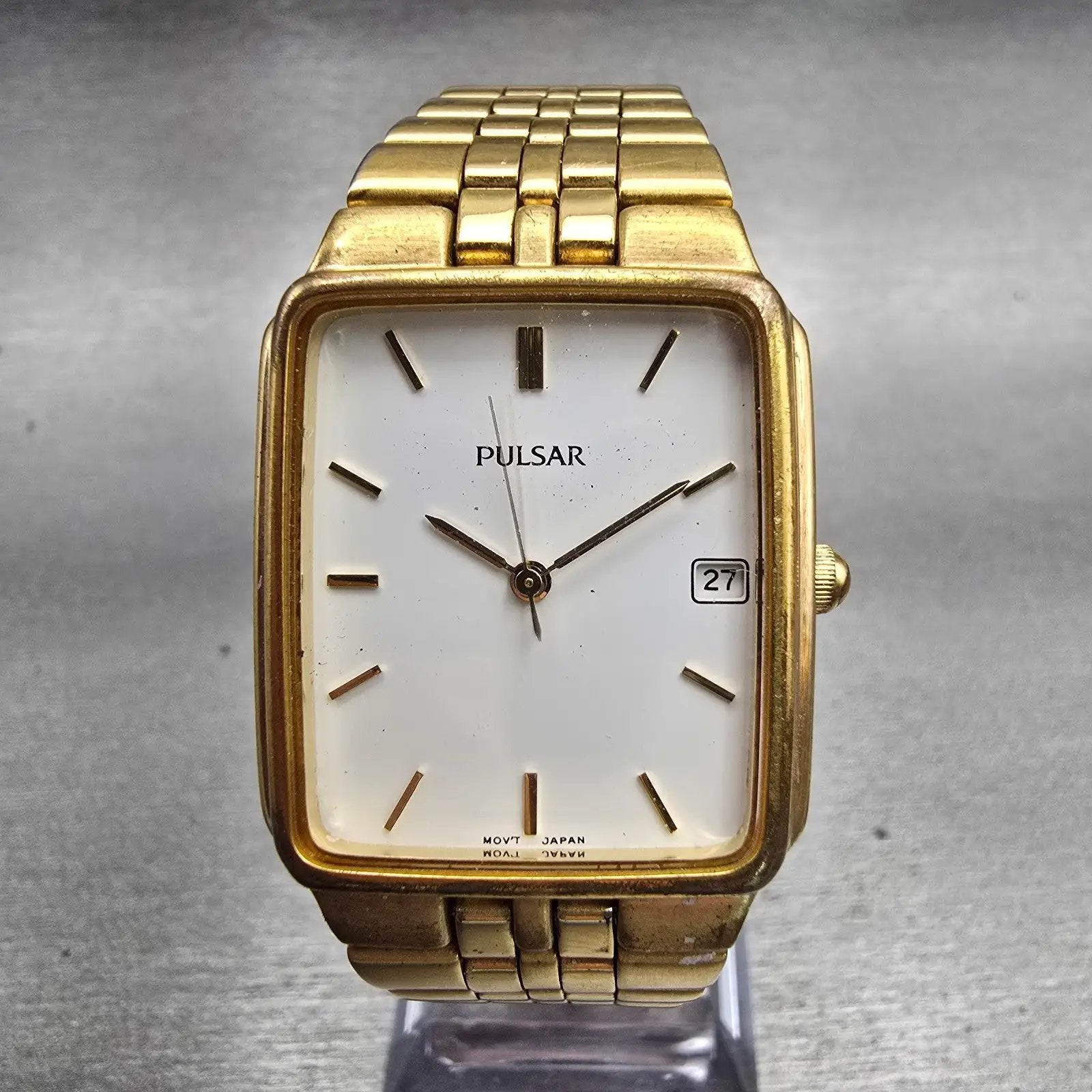 Seiko Pulsar Watch Men 27mm White Dial Gold Tone Date VX32-X154 New Battery VTG0