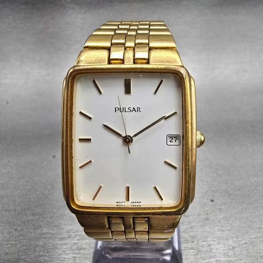 Seiko Pulsar Watch Men 27mm White Dial Gold Tone Date VX32-X154 New Battery VTG0