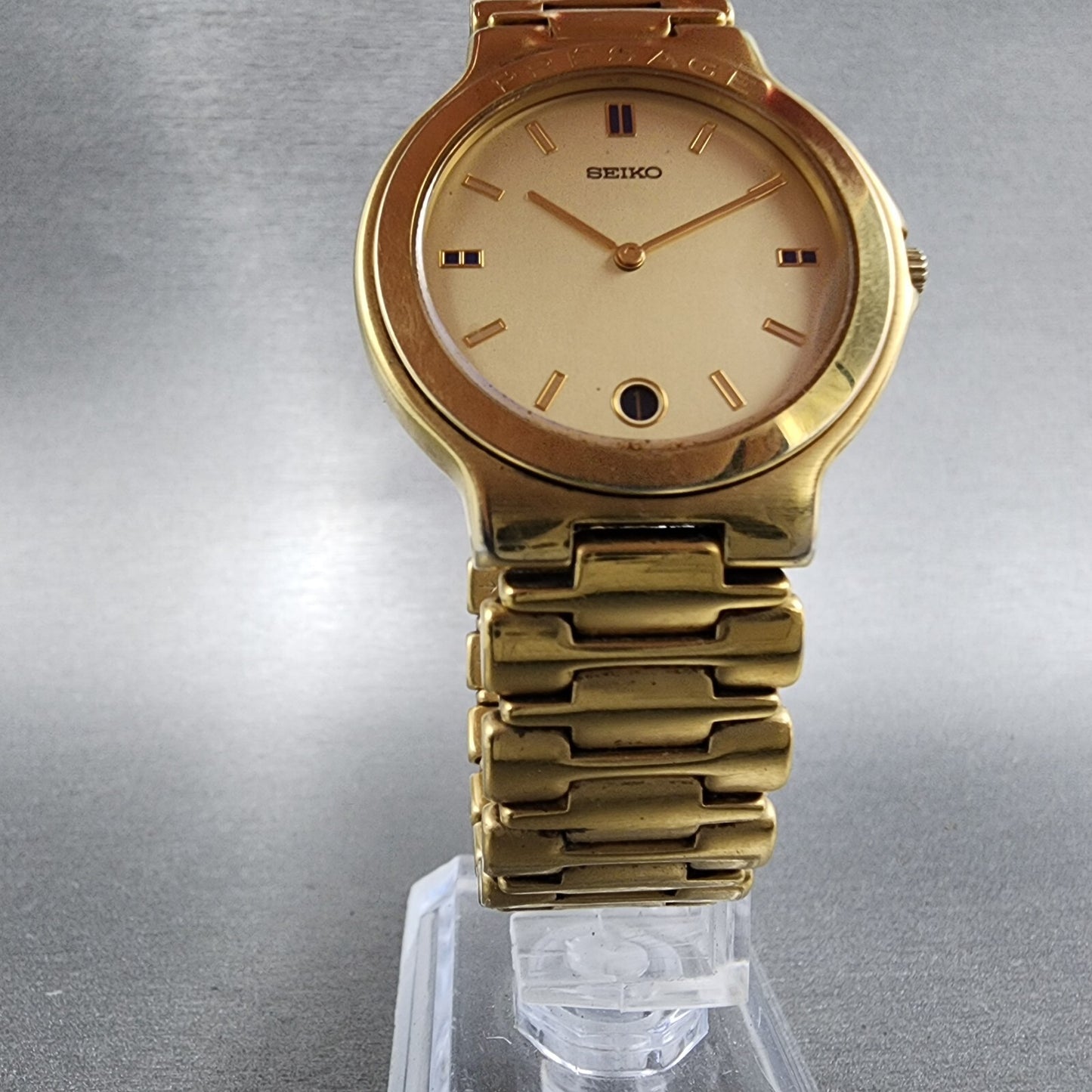 Seiko Presage Watch Men 33mm Champagne Dial Gold Tone Date Round New Battery
