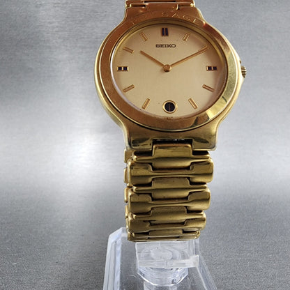 Seiko Presage Watch Men 33mm Champagne Dial Gold Tone Date Round New Battery