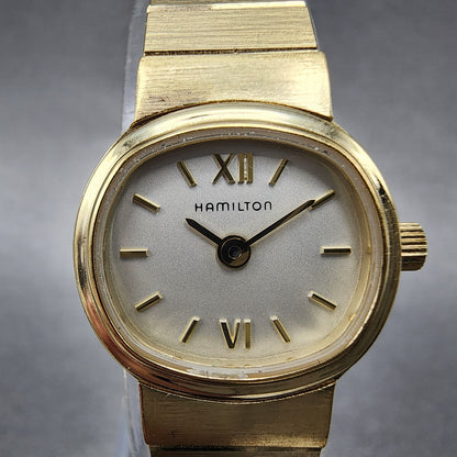 Hamilton Watch Women 19mm Cream Dial Gold Tone Rectangle Oval New Battery1