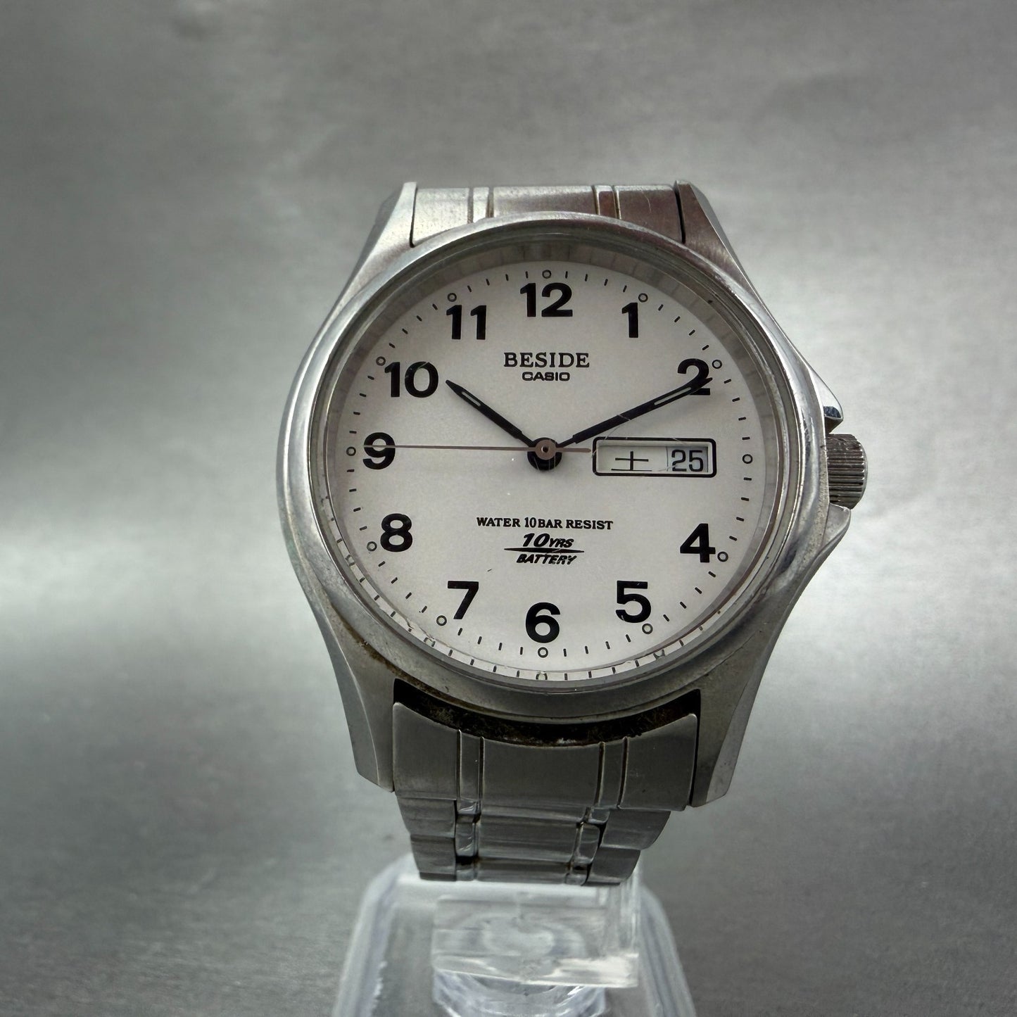 Casio Beside Watch Men 35mm Silver Dial Steel Daydate Round BES-105 New Battery5