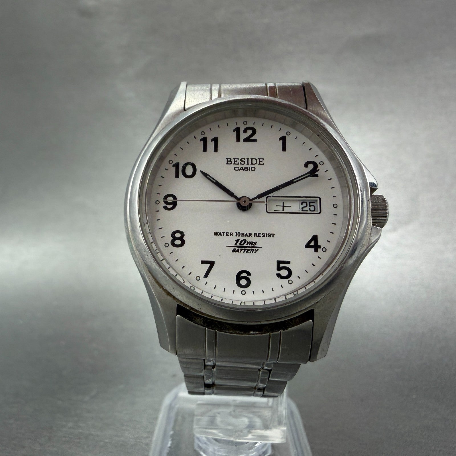 Casio Beside Watch Men 35mm Silver Dial Steel Daydate Round BES-105 New Battery5