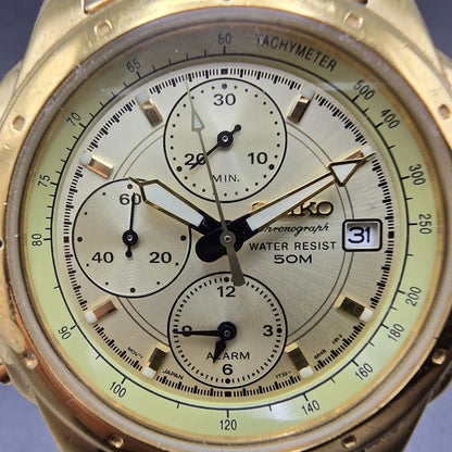 Seiko Chronograph Watch Men 39mm Gold Dial Gold Tone Date Round 7T32-6M59 PARTSK2