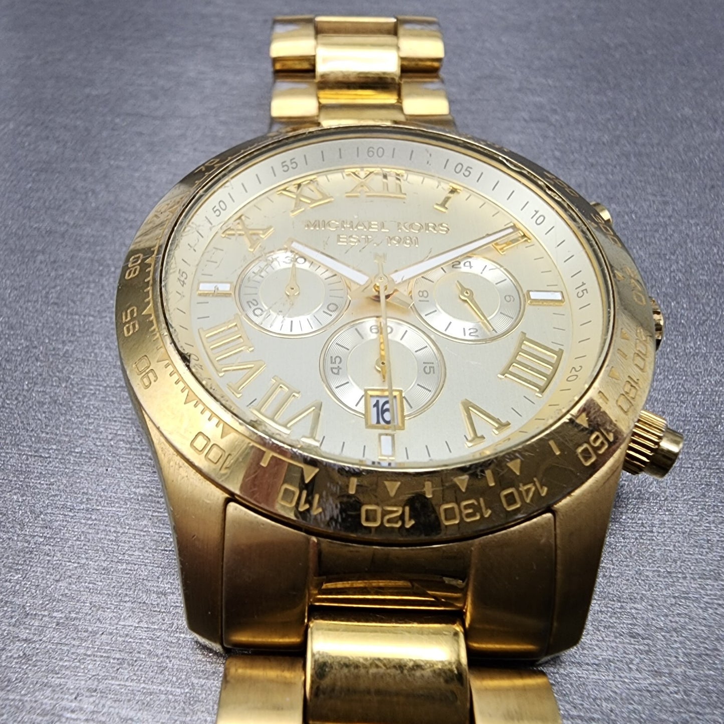 Michael Kors Layton Watch Men 44mm Champange Dial Gold Tone Date Round READ!!!!!2