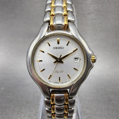 Seiko SQ 50 Watch Women 25mm White Dial Two Tone Date 7n820301 New Battery0