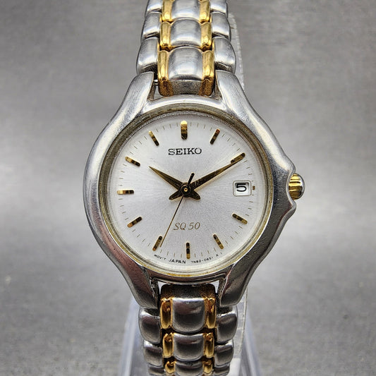 Seiko SQ 50 Watch Women 25mm White Dial Two Tone Date 7n820301 New Battery0