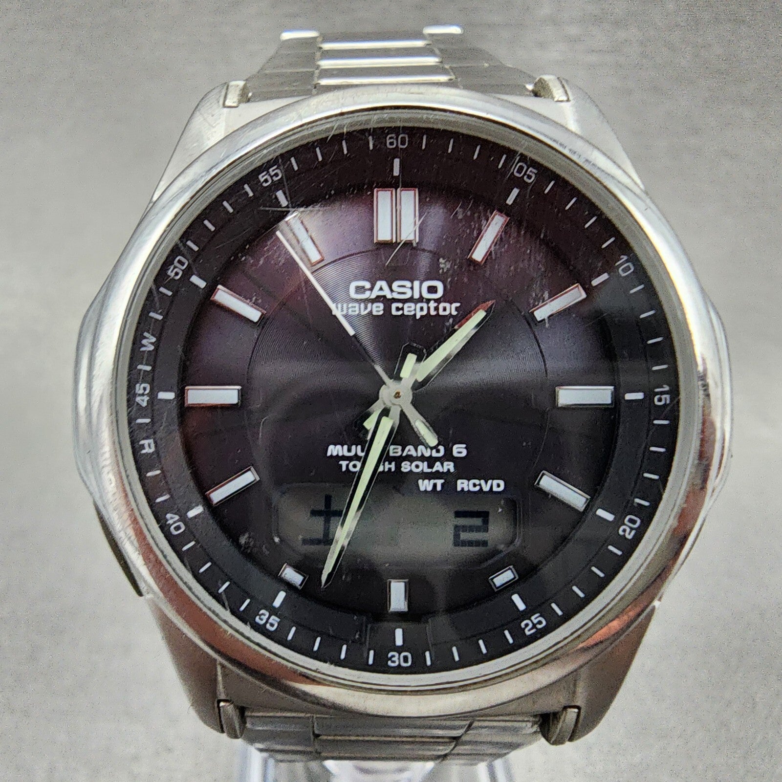 Casio Wave Ceptor  Watch Men 42mm Black Dial Steel Analog Digital Solar Runs B121