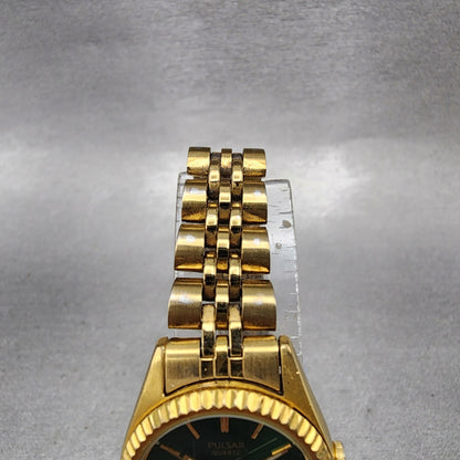 Pulsar Watch Women 24mm Green Dial Gold Tone Daydate Round V7830030 New Battery4