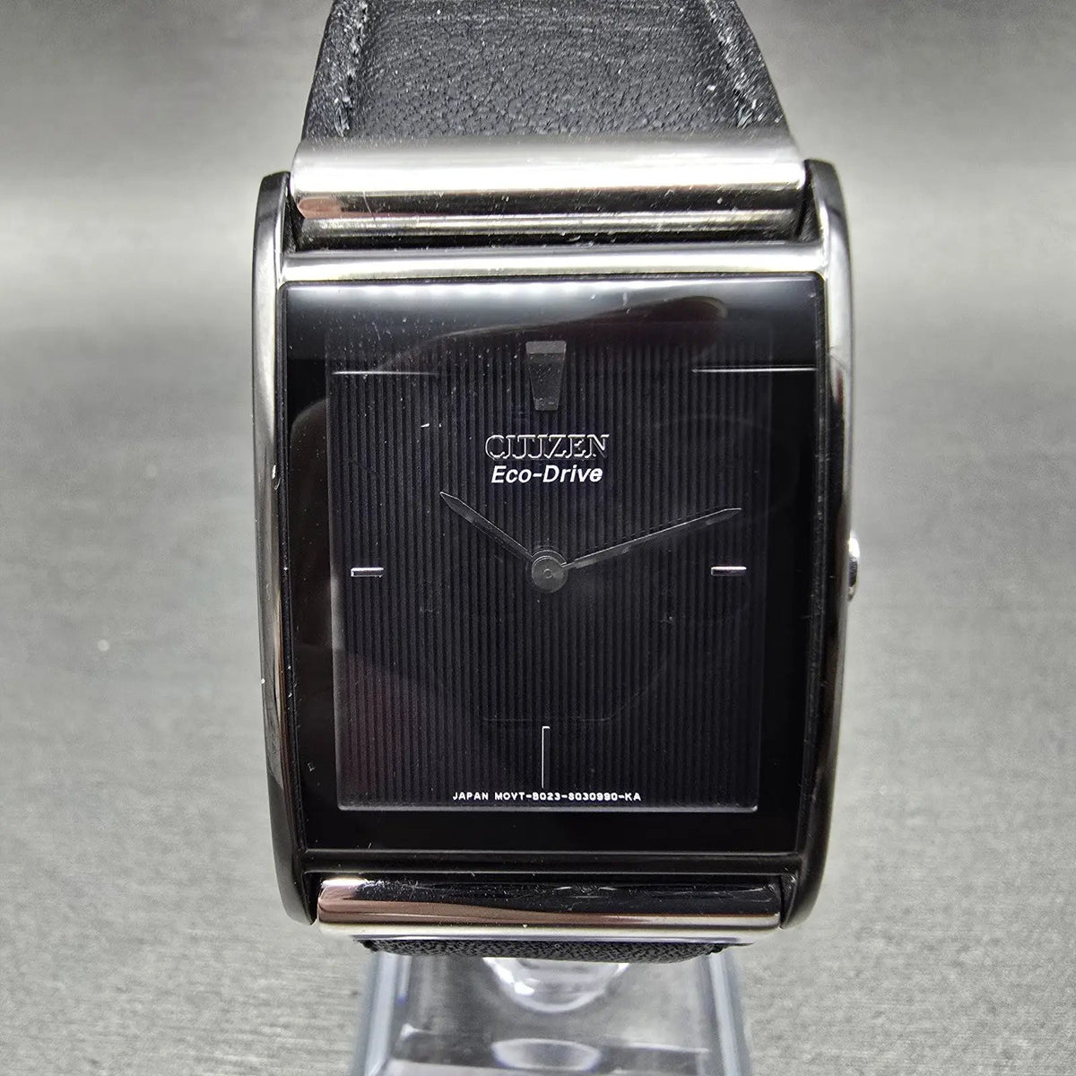 Citizen Eco-Drive Tank Watch Men 26mm Black Dial Black Tone Leather Band Runs0