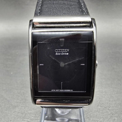 Citizen Eco-Drive Tank Watch Men 26mm Black Dial Black Tone Leather Band Runs0