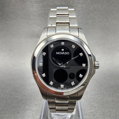 Movado Junior Sport Watch Women 26mm Black Dial Steel Round New Batt Full Set