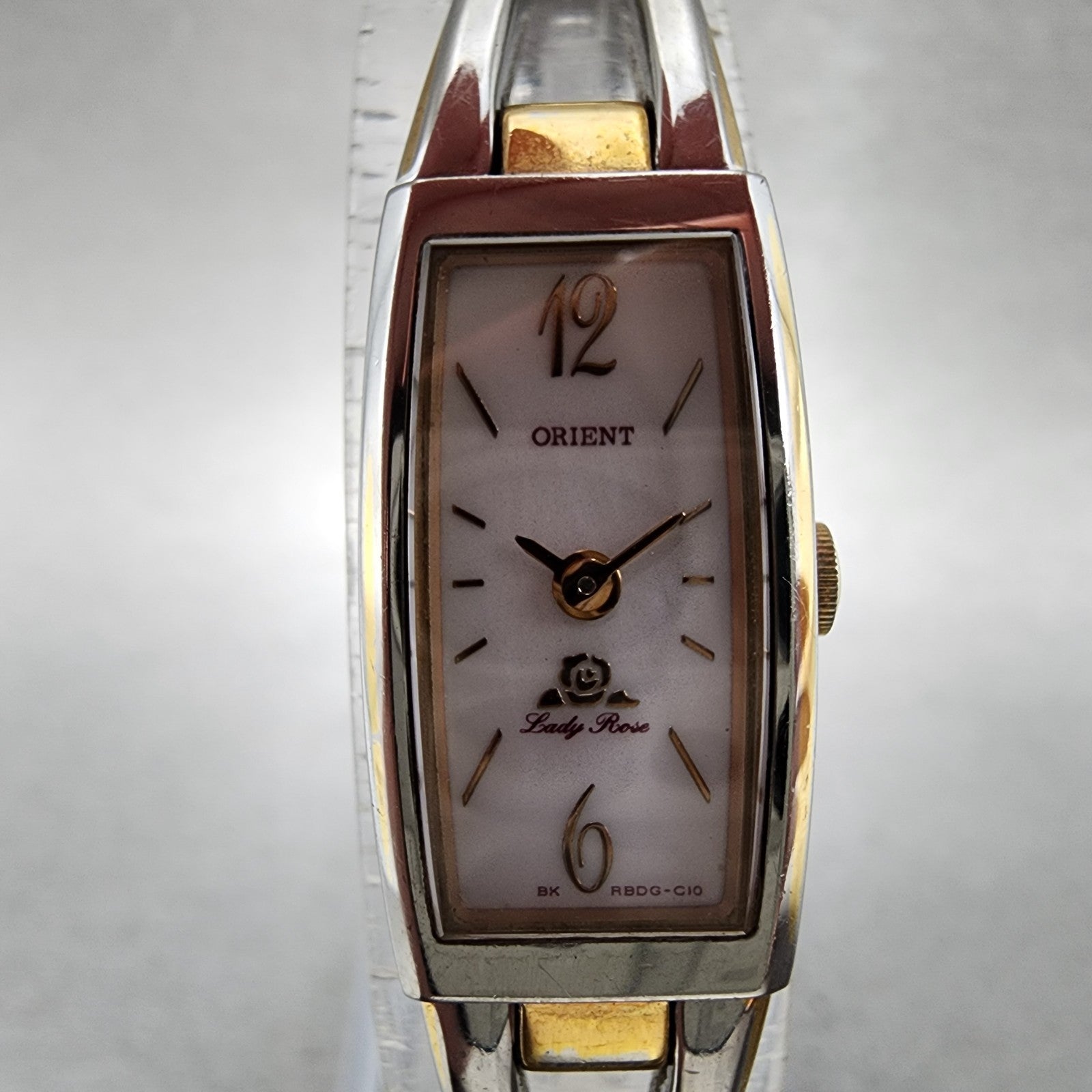 Orient Lady Rose Watch Women 13mm MOP Dial Two Tone Rectangle New Battery1