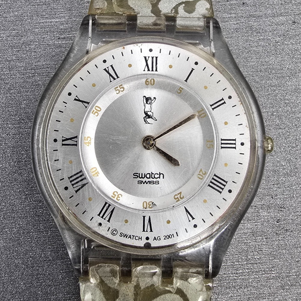 Swatch Portrait Watch Men 34mm Silver Dial Clear Case Round SFK150P New Battery1