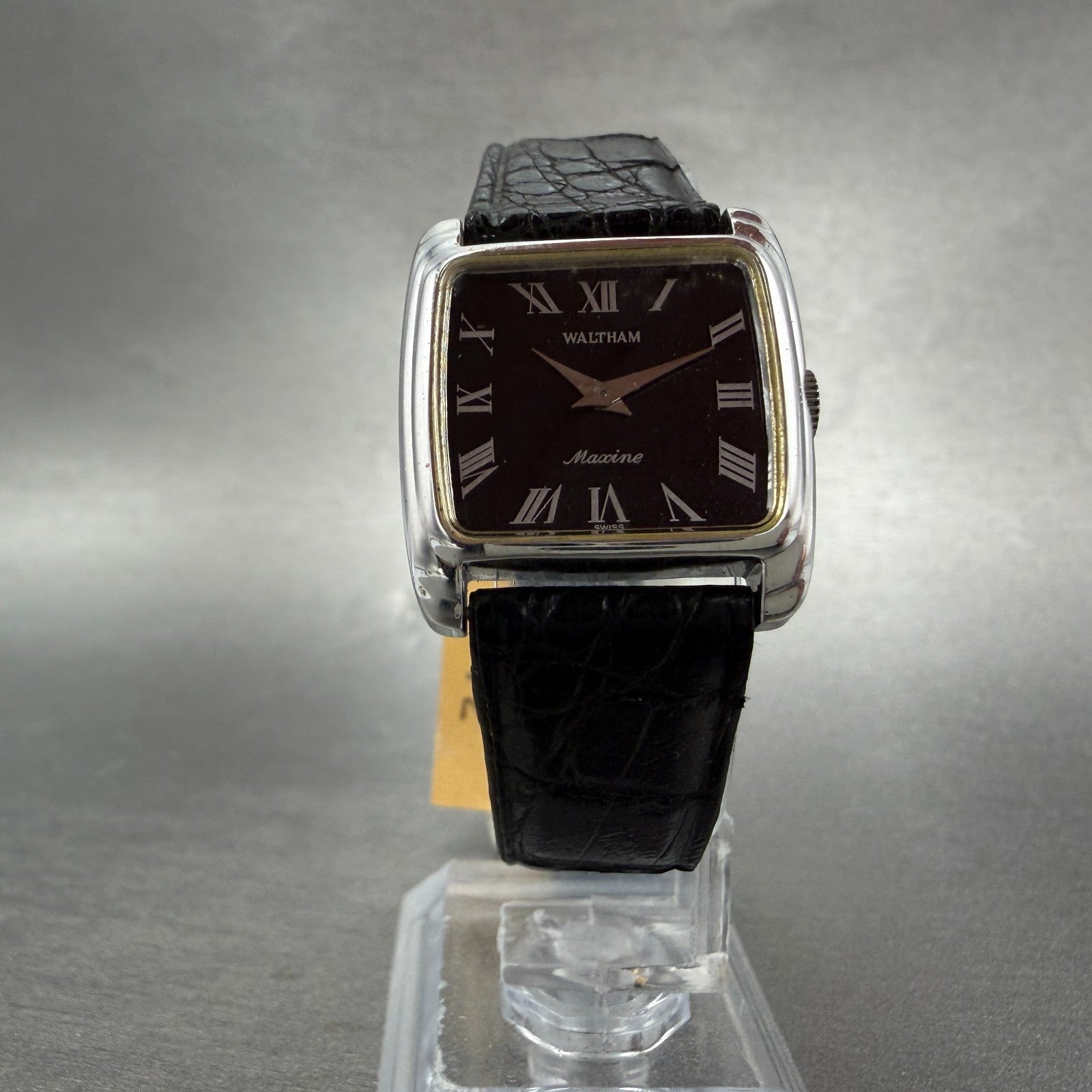 Waltham Maxine Tank Watch Women 24mm Black Dial Silver Tone Manual Wind Runs VTG5