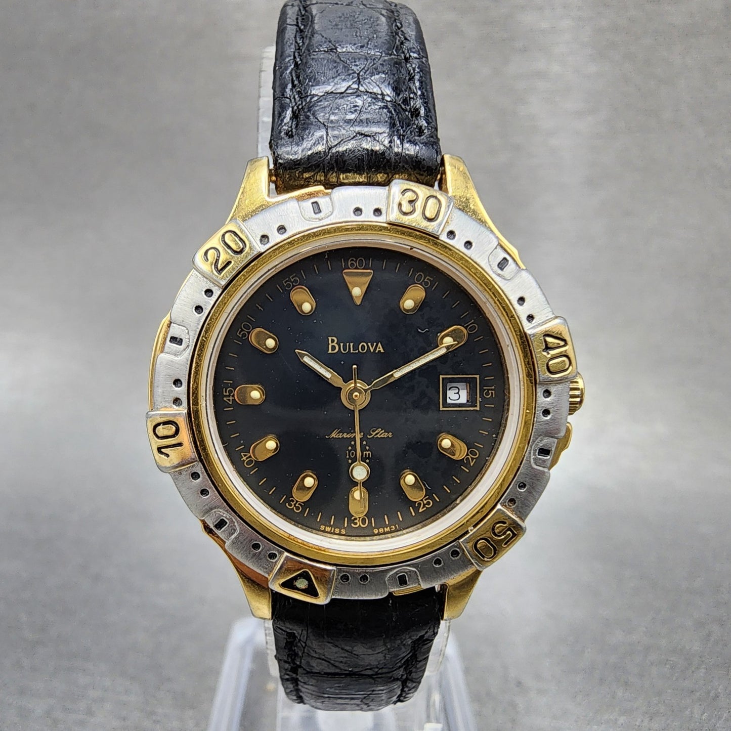 Bulova Marine Star Dive Watch Women 28mm Black Dial Gold Tone Date 98M31 PARTS0