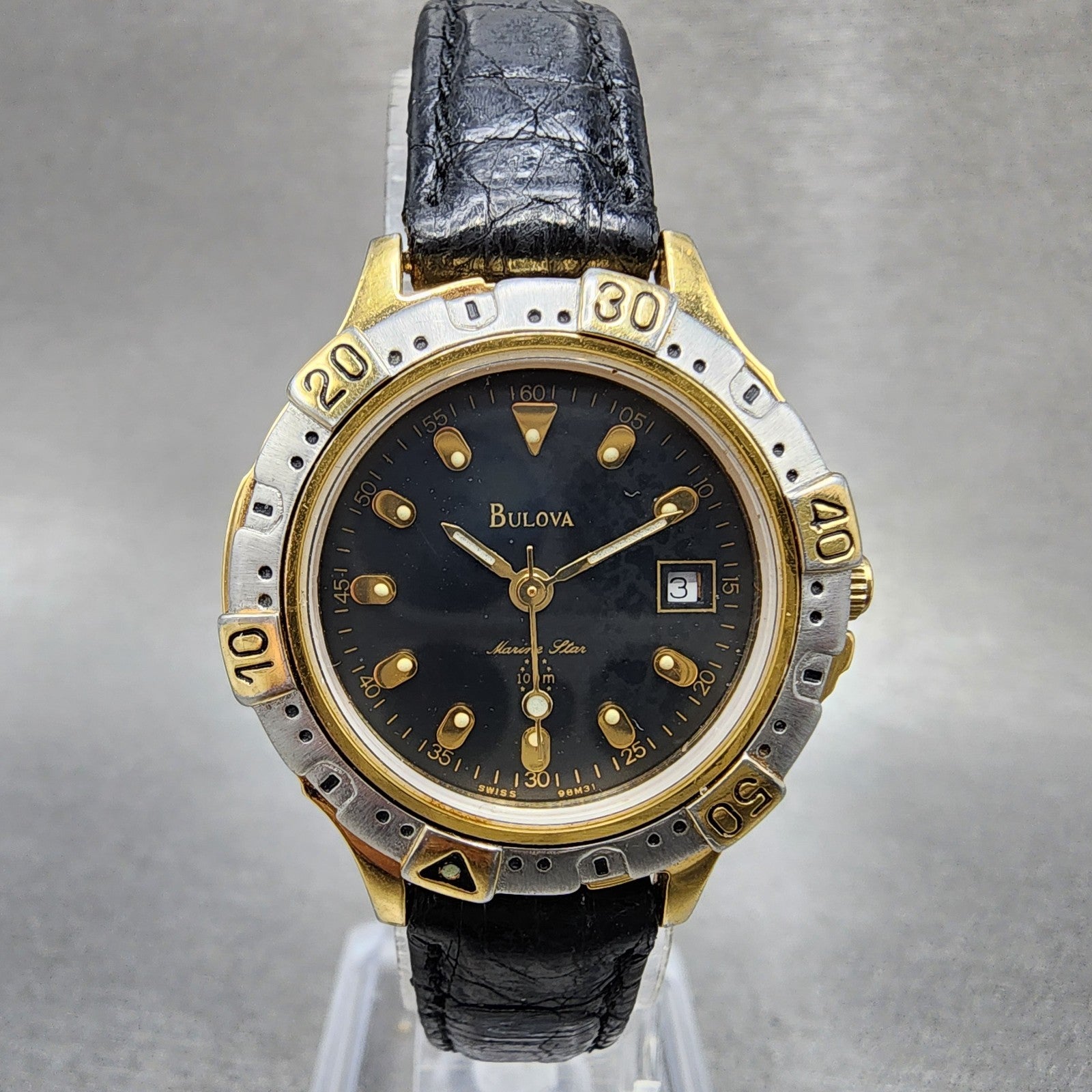 Bulova Marine Star Dive Watch Women 28mm Black Dial Gold Tone Date 98M31 PARTS0