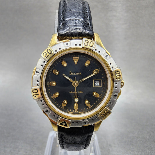 Bulova Marine Star Dive Watch Women 28mm Black Dial Gold Tone Date 98M31 PARTS0
