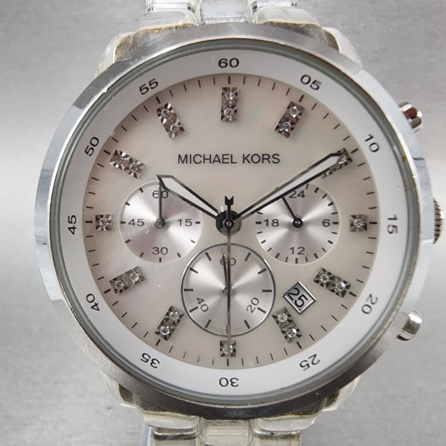 Michael Kors Chronograph Watch Women 43mm MOP Dial Clear Case MK5235 New Battery1