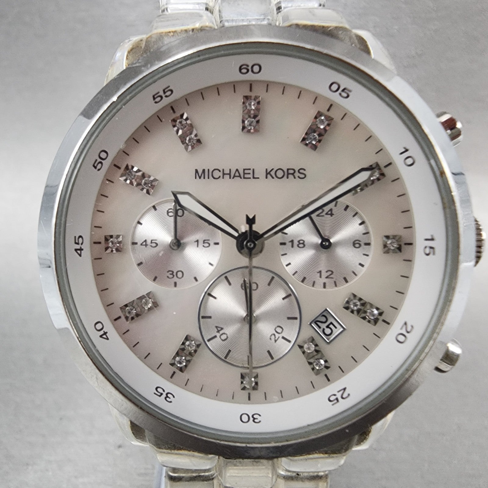 Michael Kors Chronograph Watch Women 43mm MOP Dial Clear Case MK5235 New Battery1