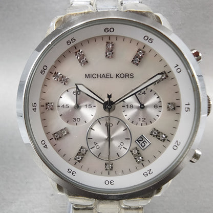 Michael Kors Chronograph Watch Women 43mm MOP Dial Clear Case MK5235 New Battery1
