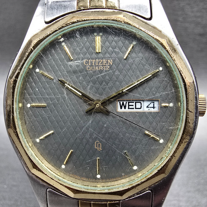 Citizen CQ Watch Men 34mm Gray Dial Two Tone Daydate Round 1100-K11294 New BattL1