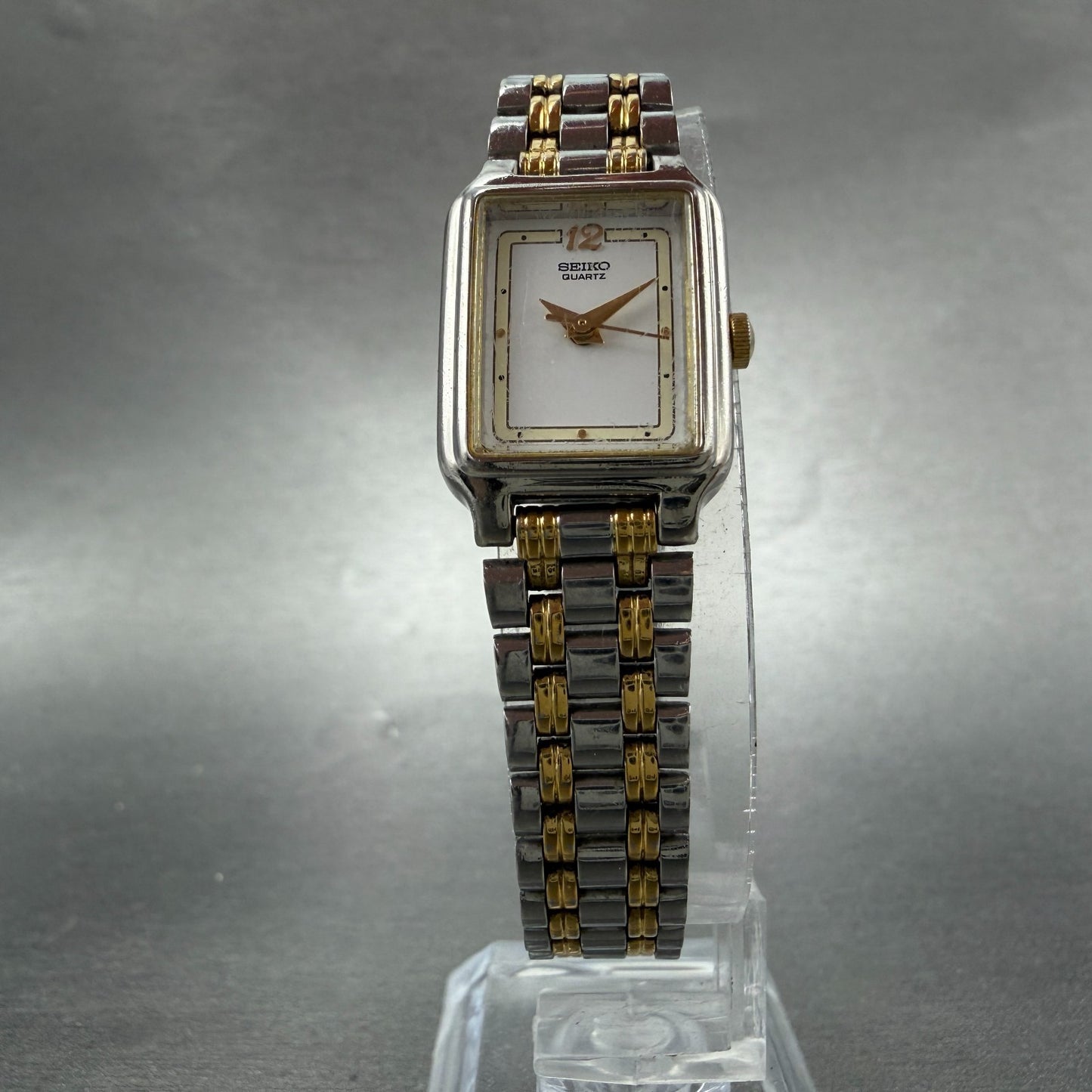 Seiko Tank Watch Women 18mm White Dial Two Tone Rectangle V401-5129 New Batt SQL5