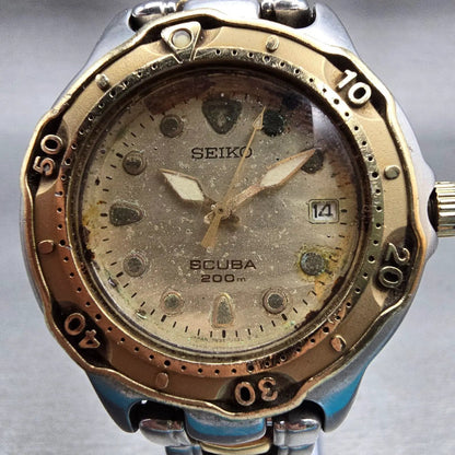 Seiko Scuba Dive Watch Men 38mm Champagne Dial Two Tone Date 7N35-6030 New Batt1
