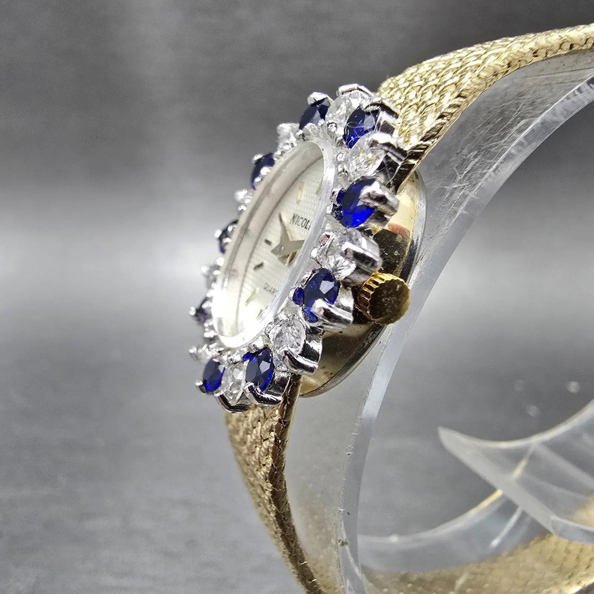 Nicolet Watch Women16mm White Dial Gold Tone Blue Sapphire Oval Mesh Band PARTS2