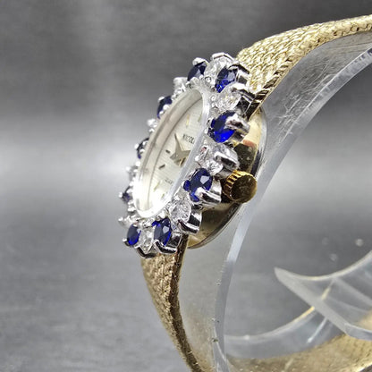 Nicolet Watch Women16mm White Dial Gold Tone Blue Sapphire Oval Mesh Band PARTS2
