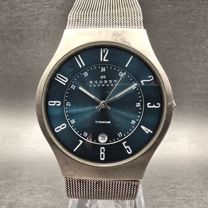 Skagen Watch Men 37mm Blue Dial Titanium Date Round 233XLTTN Mesh Band New Batt0