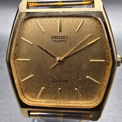 Seiko Dolce Watch Men 30mm Gold Dial Gold Tone Hexagon 5931-5510 New Battery1