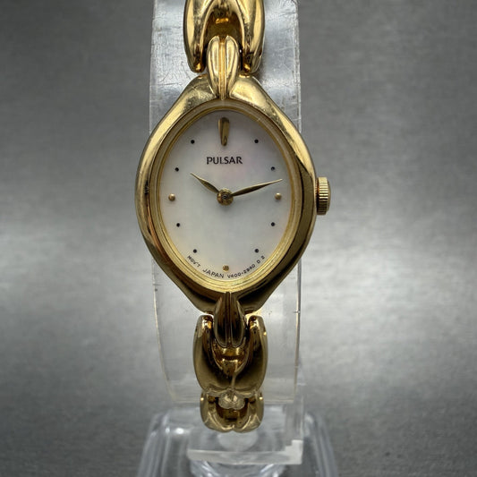 Seiko Pulsar Watch Women 16mm MOP Dial Gold Tone Oval V4005850 New Battery0