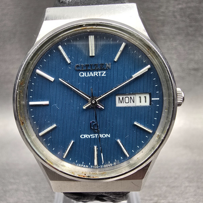 Citizen Crystron Watch Men 34mm Blue Dial Silver Daydate 4-710029K New Batt JP1