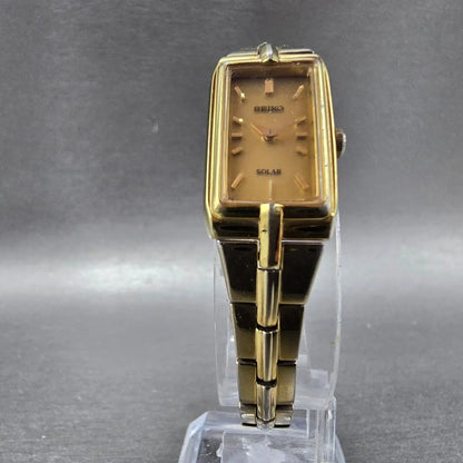 Seiko Solar Tank Watch Women 15mm Gold Dial Gold Tone Rectangle V116-0AH0 WorksL5