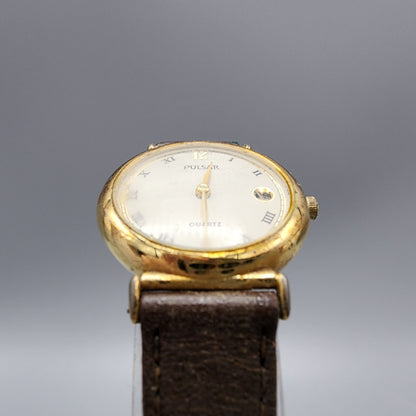VTG Pulsar Watch Women Gold Tone Cream Dial Date 25mm Round V249-0030 New Batt