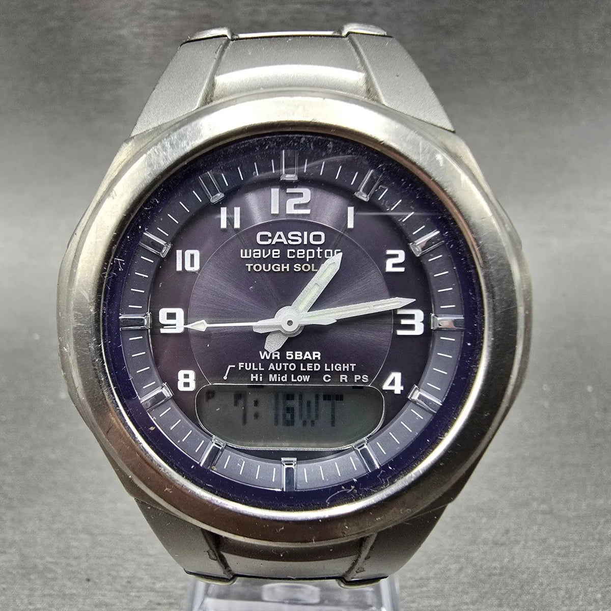 Casio Wave Ceptor Watch Men 42mm Blue Dial Analog Digital Titanium WVA-400 Runs0