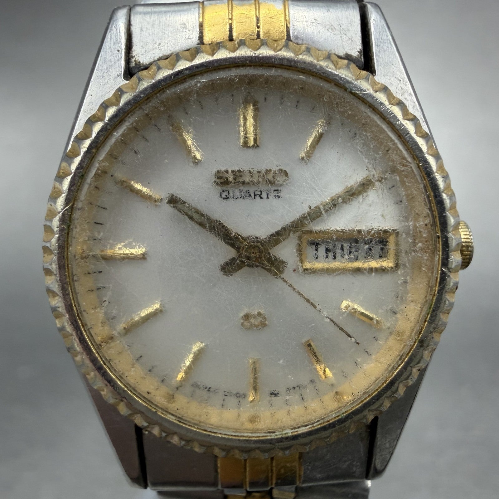 Seiko SQ Watch Women 24mm White Dial Two Tone Daydate 3y03-0169 New Battery KI41