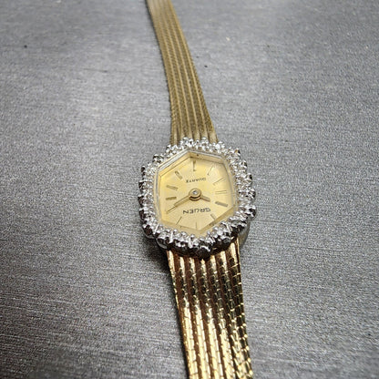 Gruen Watch Women 14mm Gold Dial Gold Tone Hexagon Diamond Bezel READ!! New Batt4