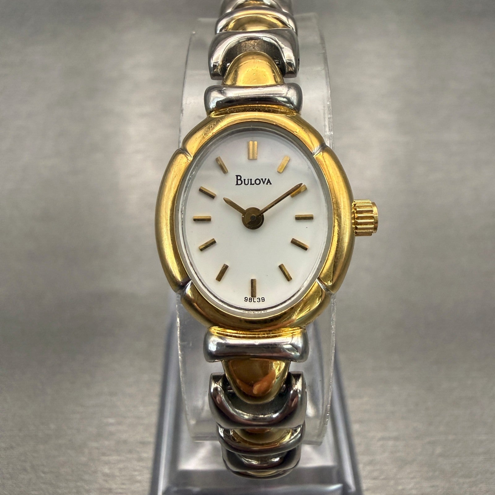 Bulova Watch Women 17mm White Dial Two Tone Oval 98L39 New Battery0