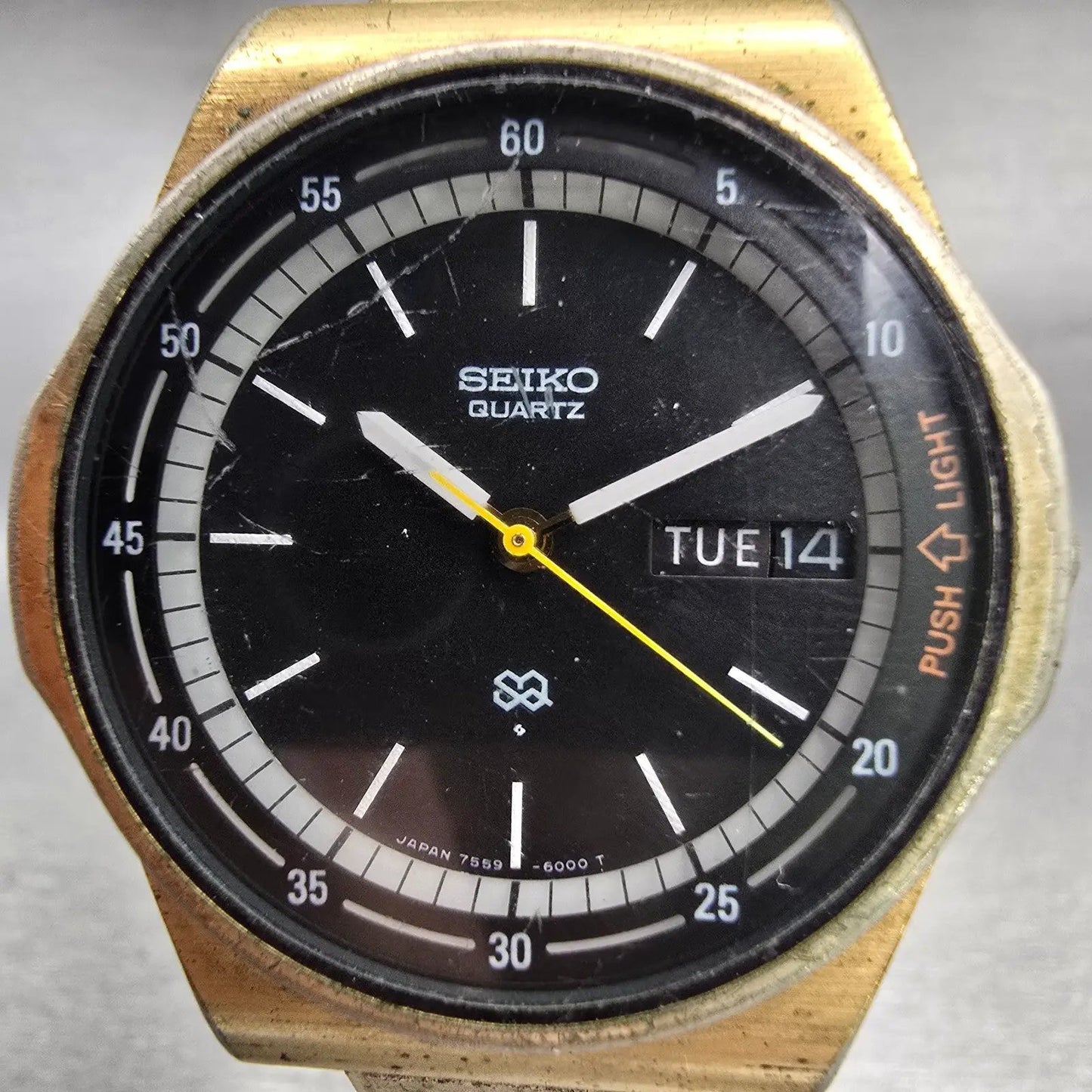 Seiko SQ Watch Men 36mm Black Dial Gold Tone Daydate 7559-6009 New Battery READ1