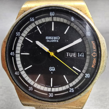 Seiko SQ Watch Men 36mm Black Dial Gold Tone Daydate 7559-6009 New Battery READ1