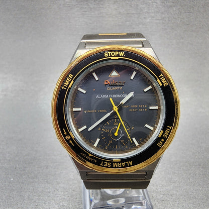 Pulsar Alarm Chronograph Watch Men 38mm Black Dial Two Tone V600-7000 PARTS