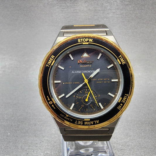 Pulsar Alarm Chronograph Watch Men 38mm Black Dial Two Tone V600-7000 PARTS